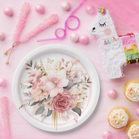 Roze en Goud Bloemen Vlinder Bruiloft Papieren Bordje (Feest)