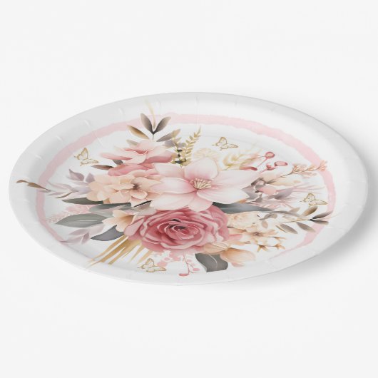 Roze en Goud Bloemen Vlinder Bruiloft Papieren Bordje (Gekanteld)