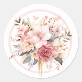 Roze en Goud Bloemen Vlinder Bruiloft Ronde Sticker