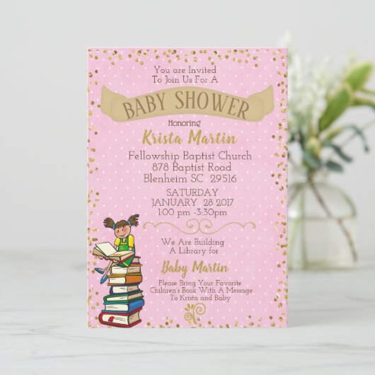Roze en goud brengen een boek Baby shower mee Kaart (Staand voorkant)