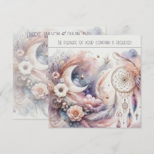 Roze en Goud Celestial Maan Bruiloft Kaart (Voorkant / Achterkant)