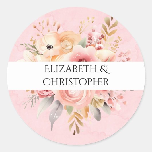 Roze en Goud Chique Waterverf Bloemen Bruiloft Ronde Sticker (Voorkant)