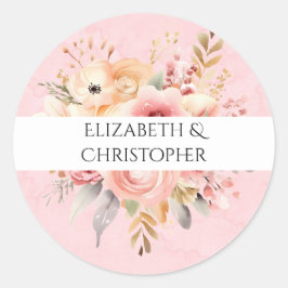 Roze en Goud Chique Waterverf Bloemen Bruiloft Ronde Sticker