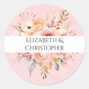 Roze en Goud Chique Waterverf Bloemen Bruiloft Ronde Sticker