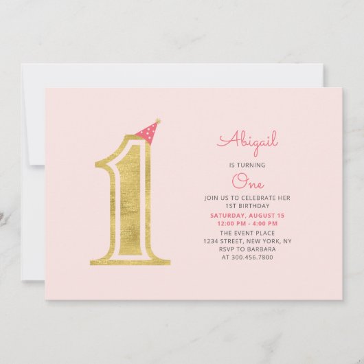 Roze en goud | Cute Modern Girl 1e verjaardag Kaart (Voorkant)