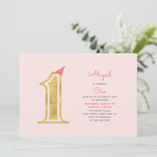 Roze en goud | Cute Modern Girl 1e verjaardag Kaart (Staand voorkant)