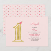 Roze en goud | Cute Modern Girl 1e verjaardag Kaart (Voorkant / Achterkant)