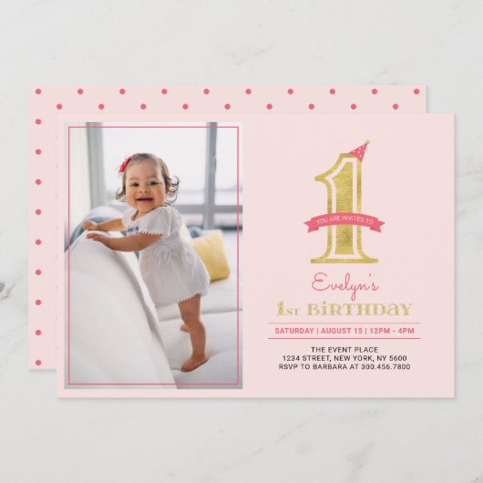 Roze en goud | Cute Modern Girl 1e verjaardag Kaart (Voorkant / Achterkant)