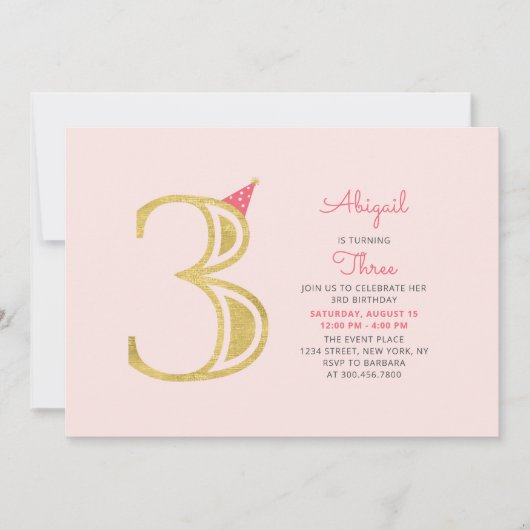 Roze en goud | Cute Modern Girl 3rd Birthday Kaart (Voorkant)