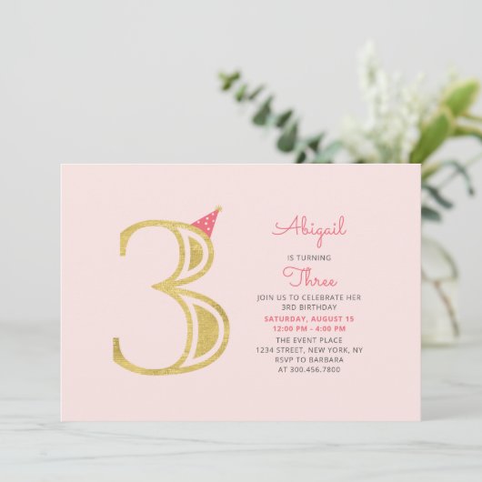 Roze en goud | Cute Modern Girl 3rd Birthday Kaart (Staand voorkant)