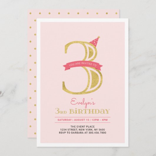 Roze en goud | Derde verjaardag van Girl Kaart (Voorkant / Achterkant)