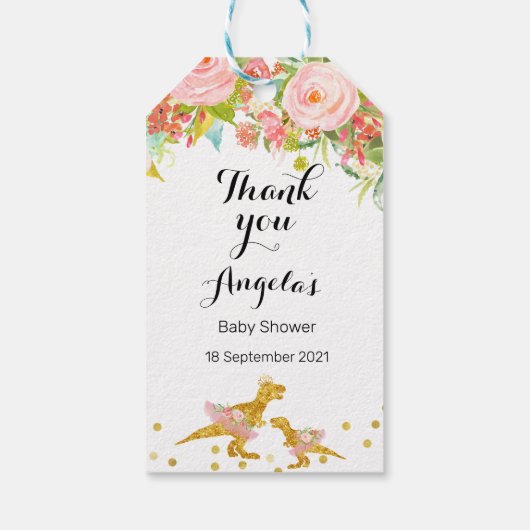 Roze en Goud Dino Modern Dank u Label Cadeaulabel (Achterkant)