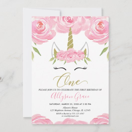 roze en goud Eenhoorn 1e verjaardag meisje Kaart (Voorkant)