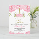 roze en goud Eenhoorn 3e verjaardag meisje Kaart (Staand voorkant)