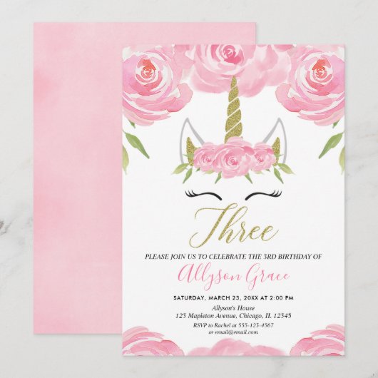 roze en goud Eenhoorn 3e verjaardag meisje Kaart (Voorkant / Achterkant)