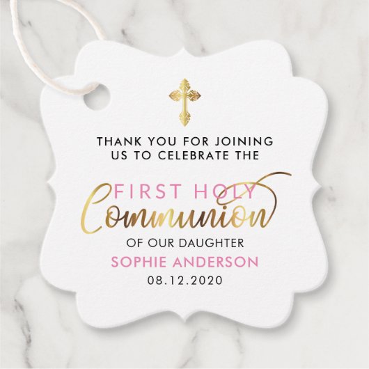 Roze en Goud Eerste Heilige Communie Dank u Bedankjes Labels (Voorkant)