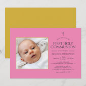 Roze en Goud Eerste Heilige Communie Foto Kaart (Voorkant / Achterkant)