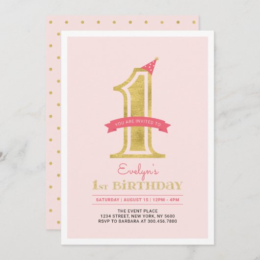 Roze en goud | Eerste verjaardag van het meisje Kaart (Voorkant / Achterkant)