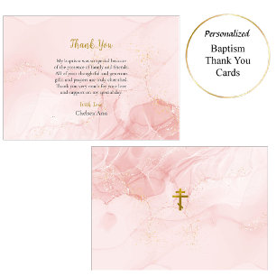 Roze en Goud Glitter Orthodox Christelijk Doopsel Bedankkaart
