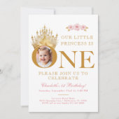 Roze en Goud Kleine Prinses 1e Verjaardag Foto Kaart (Voorkant)