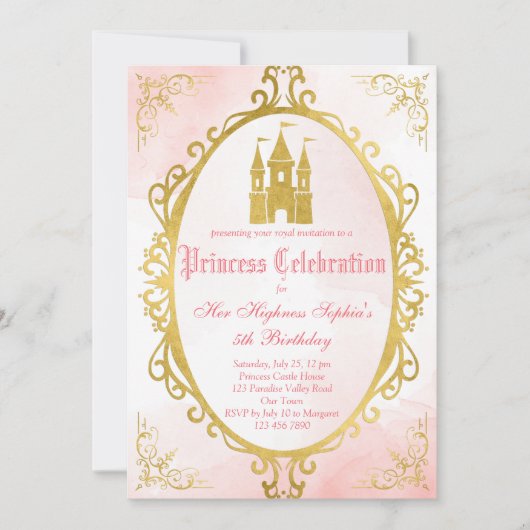 Roze en goud lijst prinses verjaardag kaart (Voorkant)