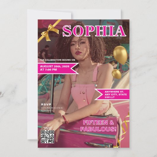 Roze en Goud Magazine Hoesje QR Code Quinceañera Kaart (Voorkant)