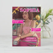 Roze en Goud Magazine Hoesje QR Code Quinceañera Kaart (Staand voorkant)