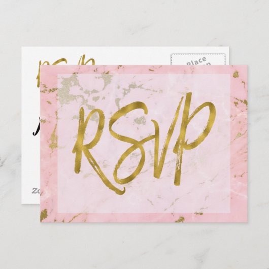 Roze en Goud Marmer RSVP bruiloft uitnodiging antw (Voorkant / Achterkant)