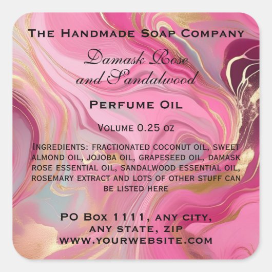 Roze en Goud Marmeren Parfum Roller Fles Vierkante Sticker (Voorkant)