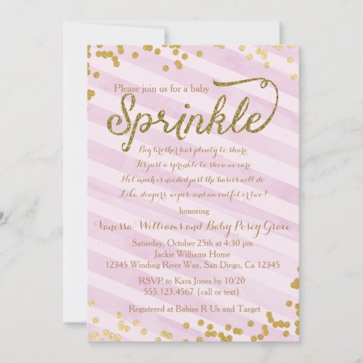Roze en Goud Meisje Baby Sprinkle Shower Invitatio Kaart (Voorkant)