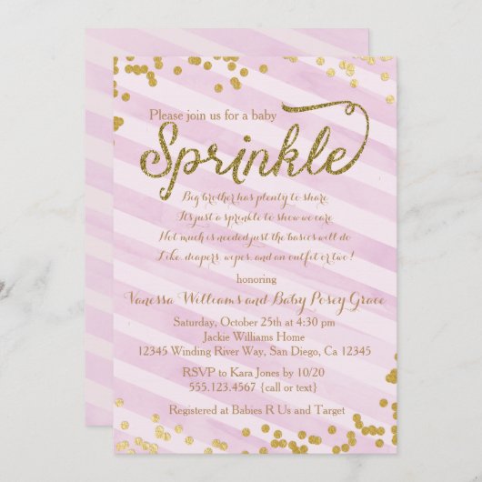 Roze en Goud Meisje Baby Sprinkle Shower Invitatio Kaart (Voorkant / Achterkant)