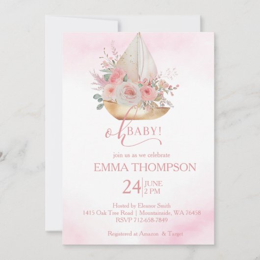 Roze en Goud Oh baby Nautical Kaart (Voorkant)