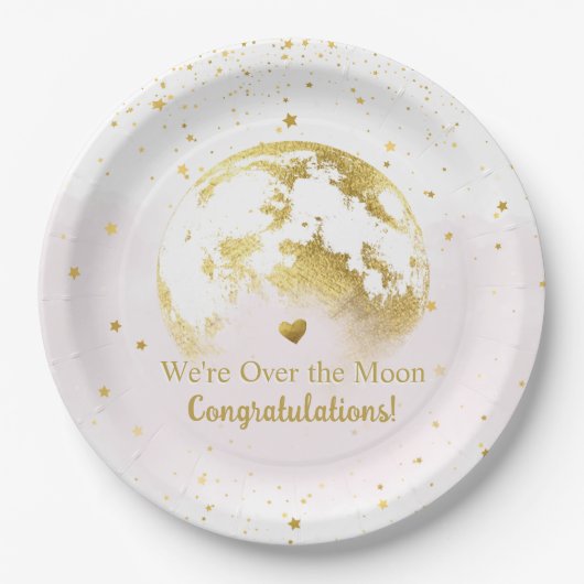 Roze en Goud Over the Moon Baby shower Papieren Bordje (Voorkant)