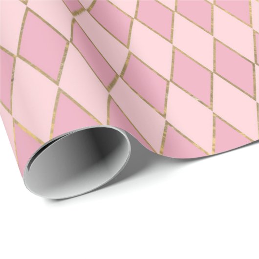 Roze en Goud Parijs thema Diamond Pattern Cadeaupapier (Rol Hoek)