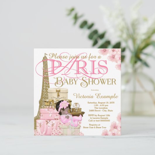 Roze en Goud Paris Etnisch Meisje Baby shower Kaart (Staand voorkant)