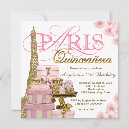 Roze en Goud Paris Quinceanera Kaart (Voorkant)