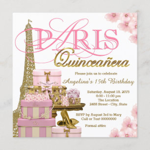 Roze en Goud Paris Quinceanera Kaart
