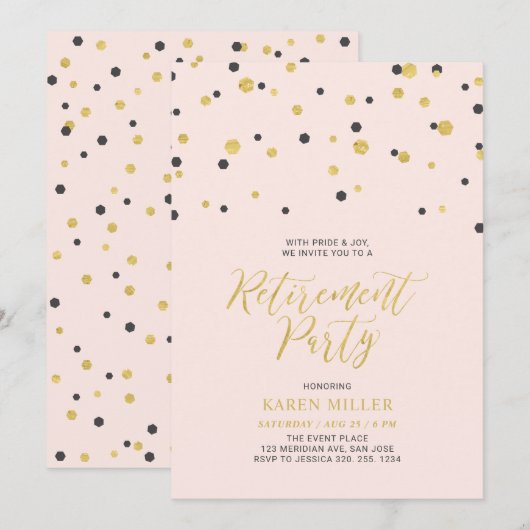 Roze en goud | Pensioenpartij voor Confetti met he Kaart (Voorkant / Achterkant)