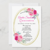 Roze en Goud Quinceanera Bloemen Kaart (Voorkant)