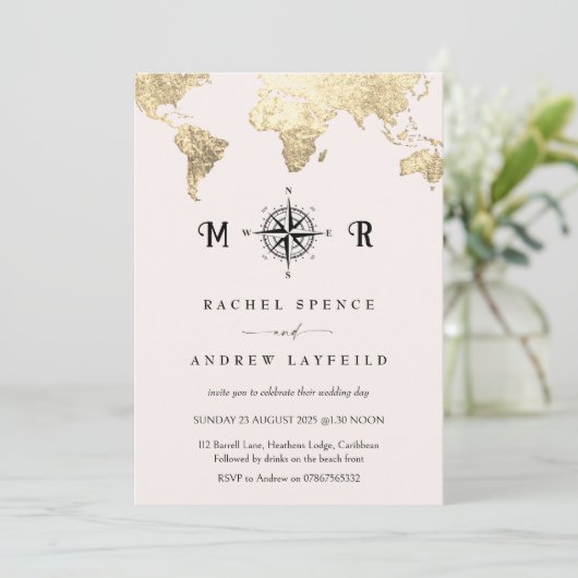 Roze en Goud Reiskaart huwelijksuitnodiging Kaart (Staand voorkant)