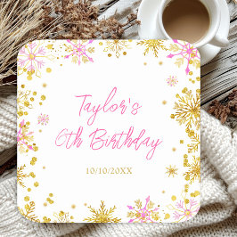 Roze en Goud Sneeuwvlokken Verjaardagsfeest Kartonnen Onderzetters