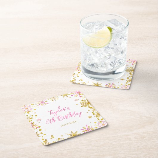 Roze en Goud Sneeuwvlokken Verjaardagsfeest Kartonnen Onderzetters (Insitu)