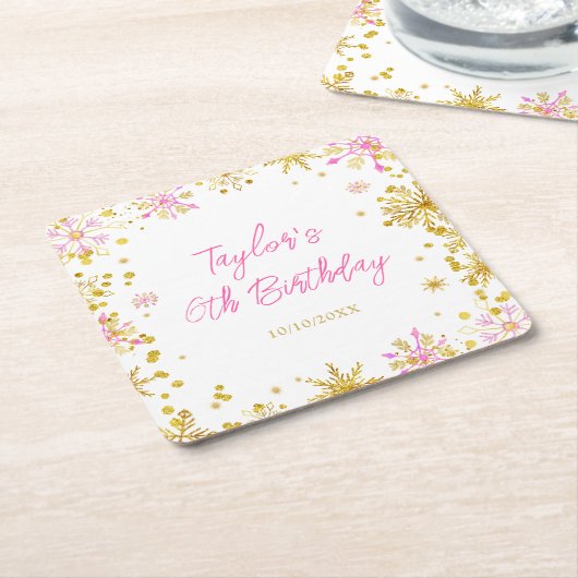 Roze en Goud Sneeuwvlokken Verjaardagsfeest Kartonnen Onderzetters (Schuin)