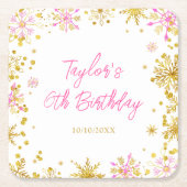 Roze en Goud Sneeuwvlokken Verjaardagsfeest Kartonnen Onderzetters (Voorkant)