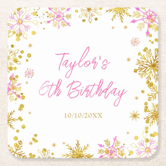 Roze en Goud Sneeuwvlokken Verjaardagsfeest Kartonnen Onderzetters (Voorkant)
