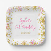Roze en Goud Sneeuwvlokken Verjaardagsfeest Papieren Bordje (Voorkant)
