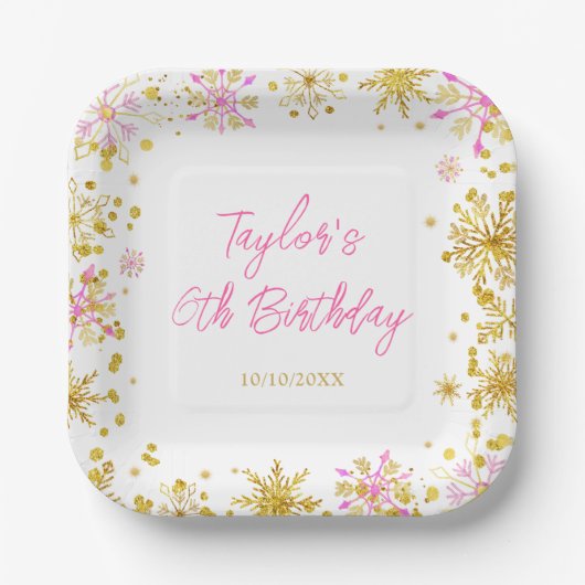 Roze en Goud Sneeuwvlokken Verjaardagsfeest Papieren Bordje (Voorkant)