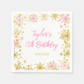 Roze en Goud Sneeuwvlokken Verjaardagsfeest Servet (Voorkant)