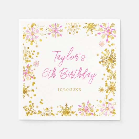 Roze en Goud Sneeuwvlokken Verjaardagsfeest Servet (Voorkant)