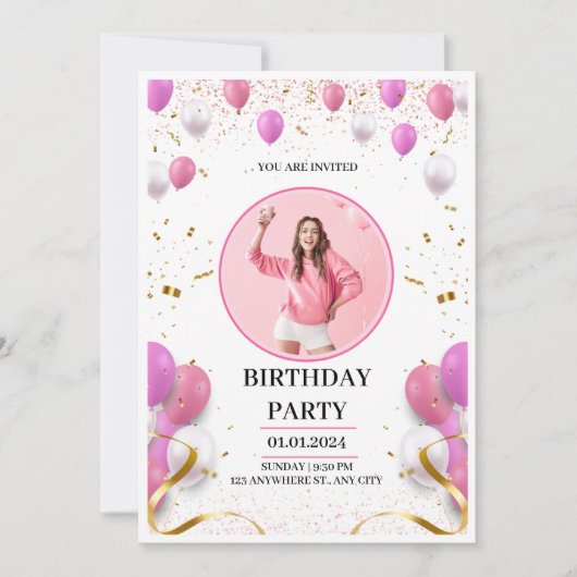 Roze en Goud Speelse Persoonlijke Verjaardag Uitno Kaart (Voorkant)